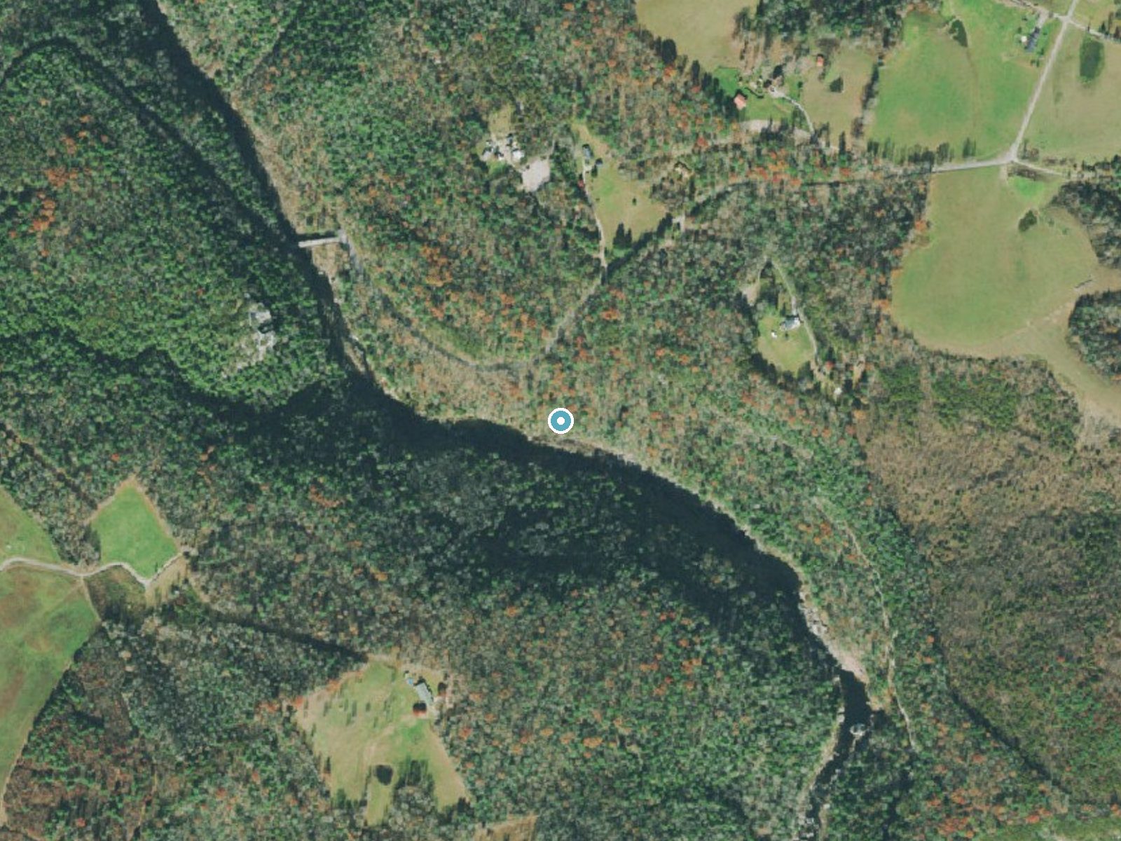 Aerial photo of the same ground around Jacks Rock Falls near Wartburg, Tennessee, for comparison with the lidar view