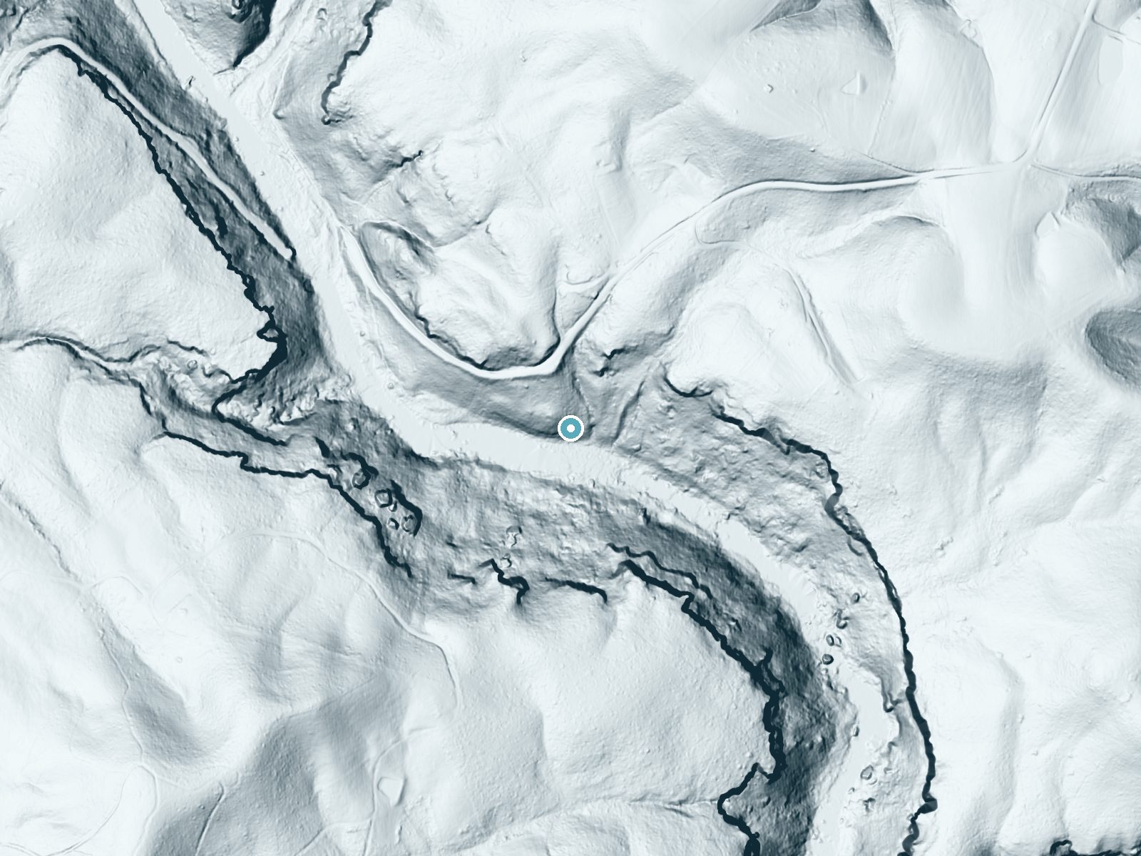 LiDAR bare-earth terrain around Jacks Rock Falls near Wartburg, Tennessee, showing about 162 feet of drop, a steep tiered drop, facing south