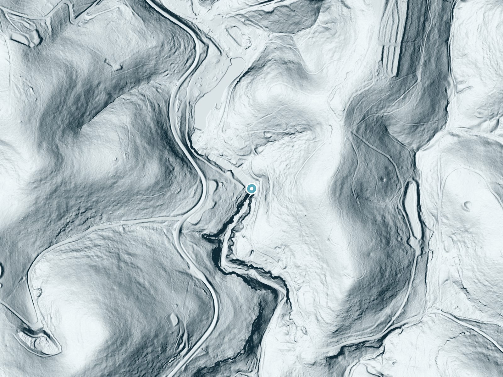 LiDAR bare-earth terrain around Marble Falls near Jasper, Arkansas, showing about 132 feet of drop, a steep tiered drop, facing west