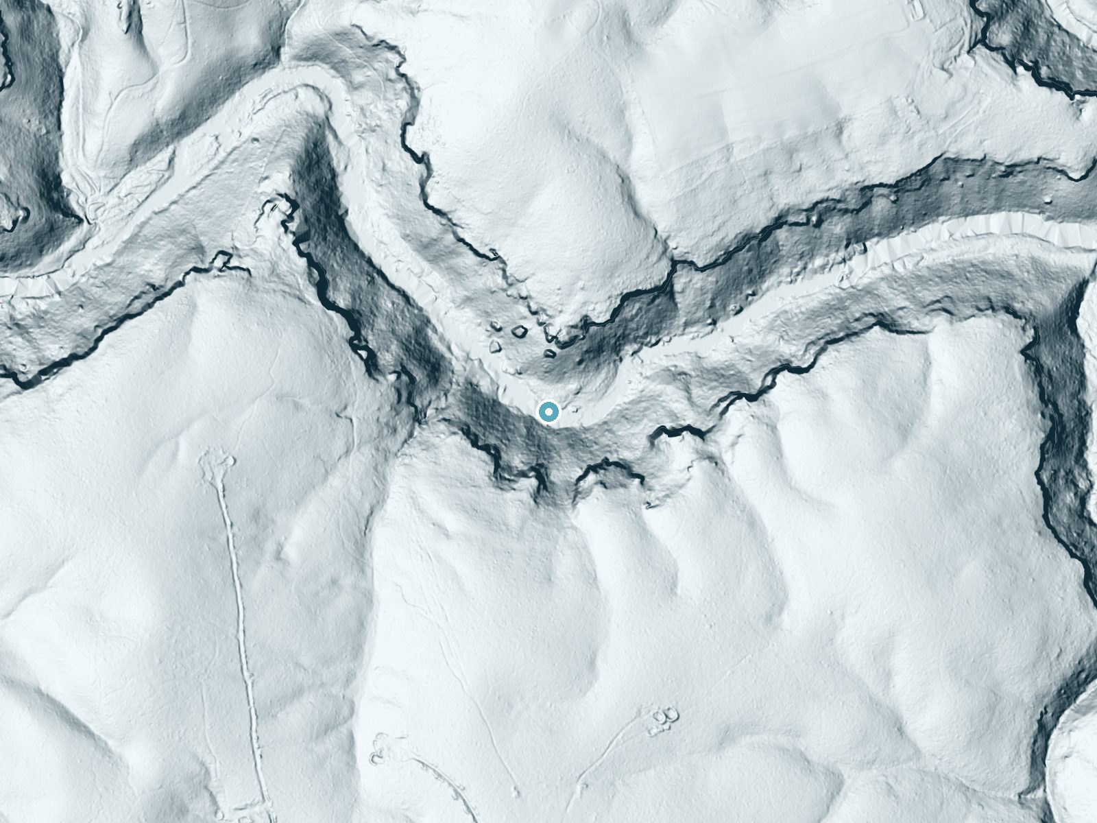 LiDAR bare-earth terrain around Double Drop Falls near Fairfield Glade, Tennessee, showing about 108 feet of drop, a steep tiered drop, facing north