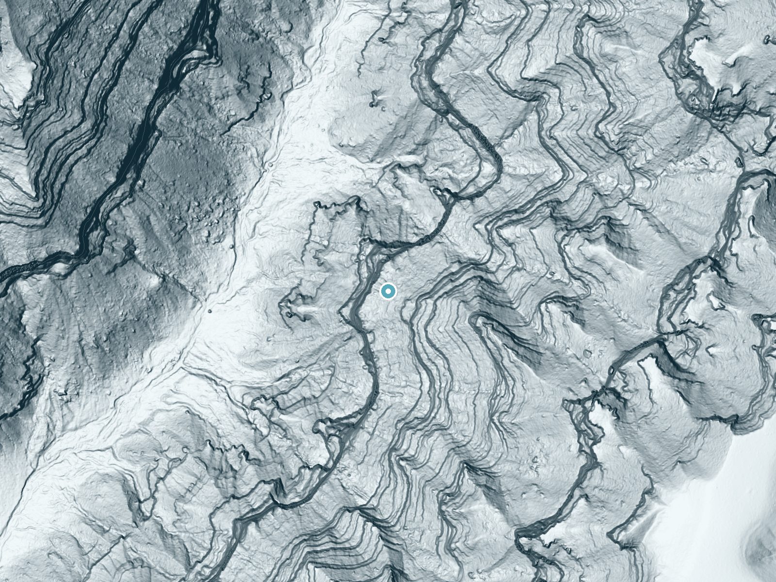 LiDAR bare-earth terrain around Cheyava Falls near Grand Canyon Village, Arizona, showing about 982 feet of drop, a single sheer drop, facing northwest