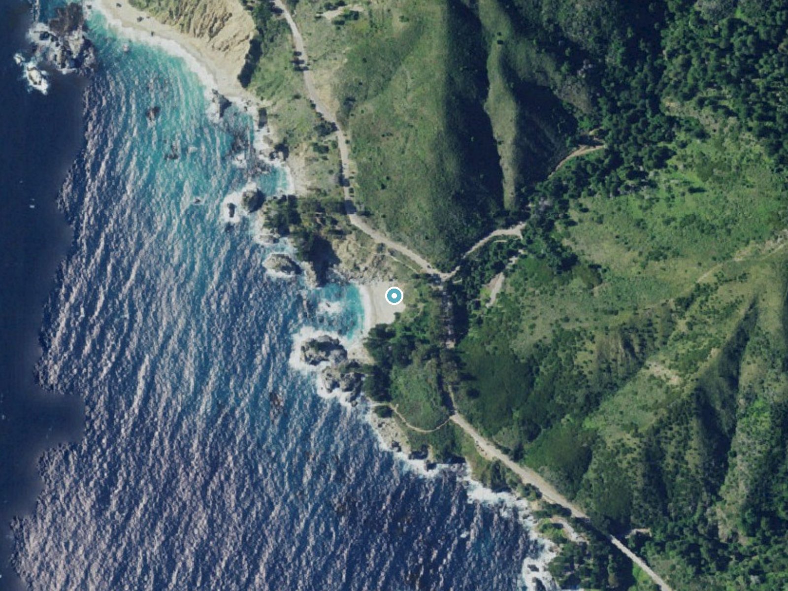 Aerial photo of the same ground around McWay Falls near Carmel Valley Village, California, for comparison with the lidar view
