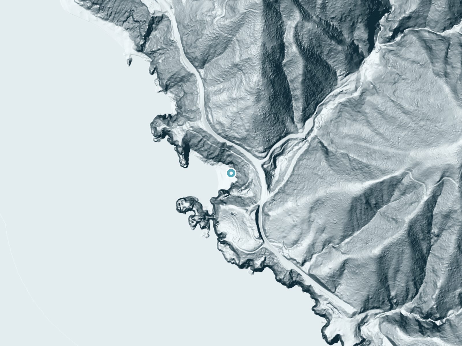 LiDAR bare-earth terrain around McWay Falls near Carmel Valley Village, California, showing about 228 feet of drop, a steep tiered drop, facing southwest