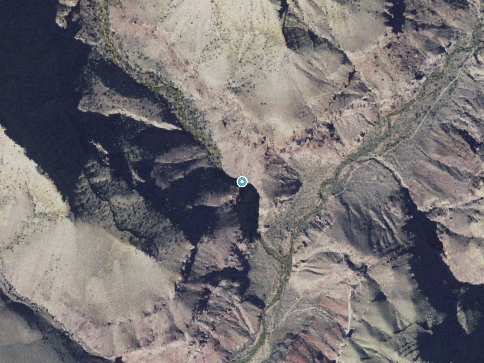 Aerial photo of the same ground around Ribbon Falls near Grand Canyon Village, Arizona, for comparison with the lidar view