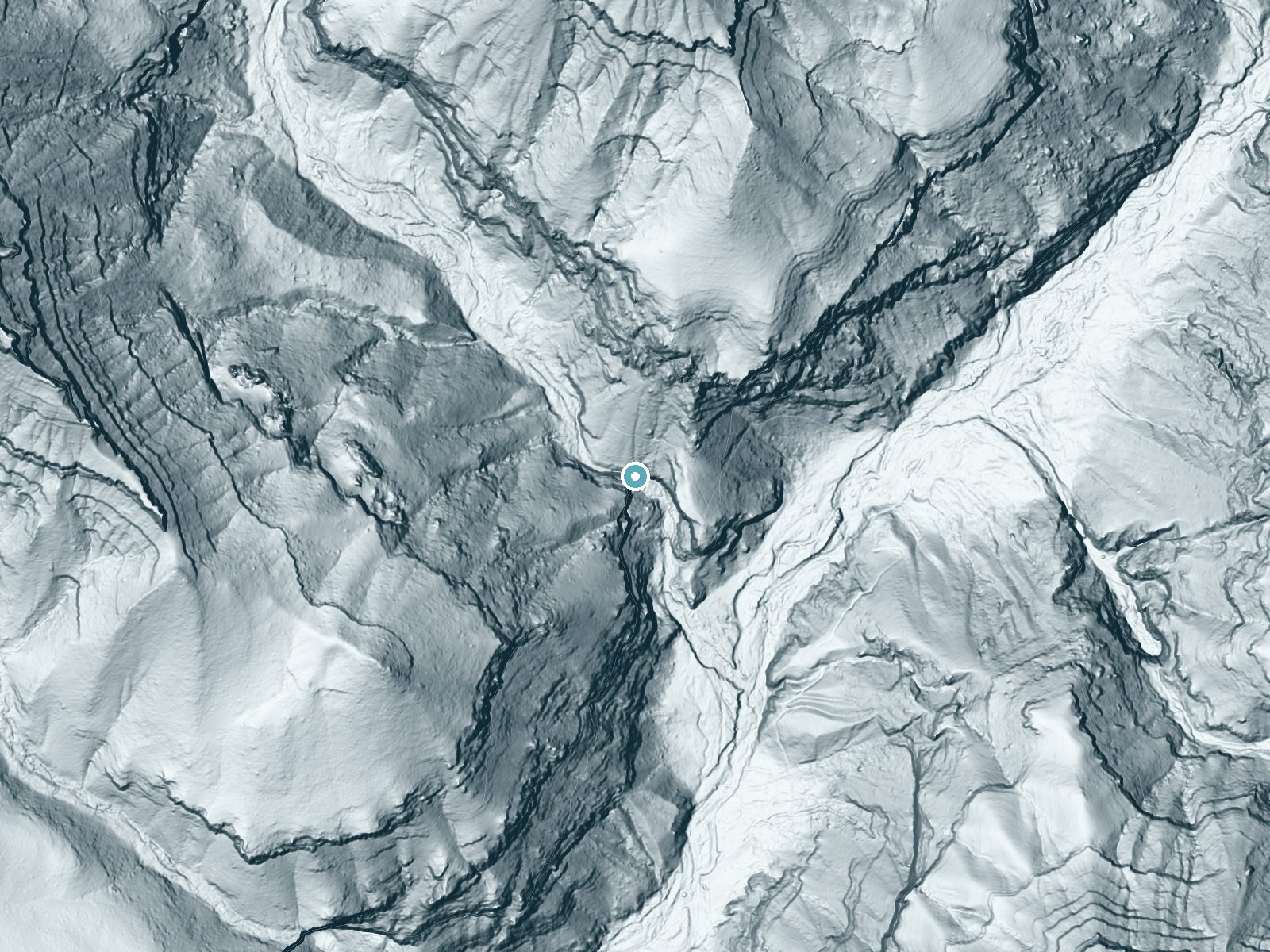 LiDAR bare-earth terrain around Ribbon Falls near Grand Canyon Village, Arizona, showing about 317 feet of drop, a single sheer drop, facing southeast