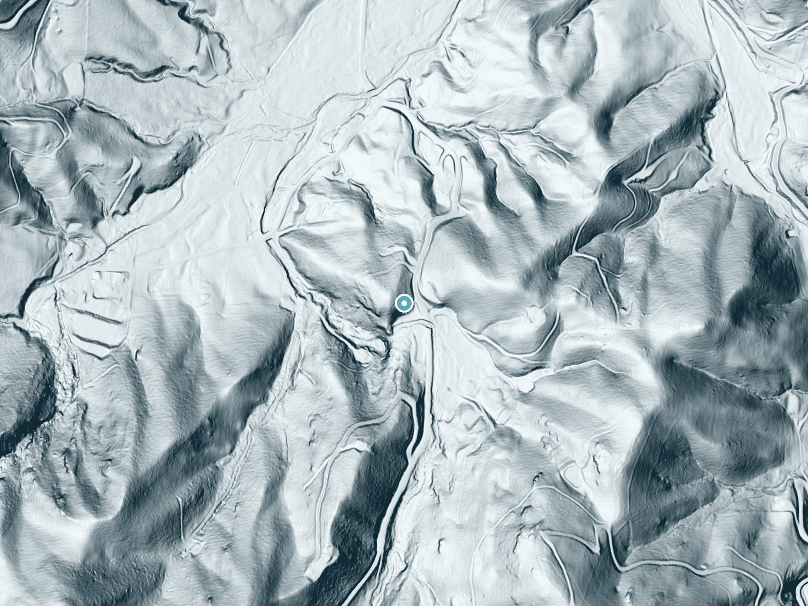 LiDAR bare-earth terrain around Dutch Creek Falls near Valle Crucis, North Carolina, showing about 116 feet of drop, a long cascade, facing south