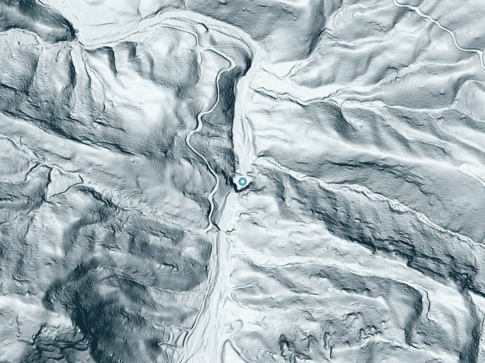 LiDAR bare-earth terrain around Big Falls near Elk Park, North Carolina, showing about 150 feet of drop, a steep tiered drop, facing north