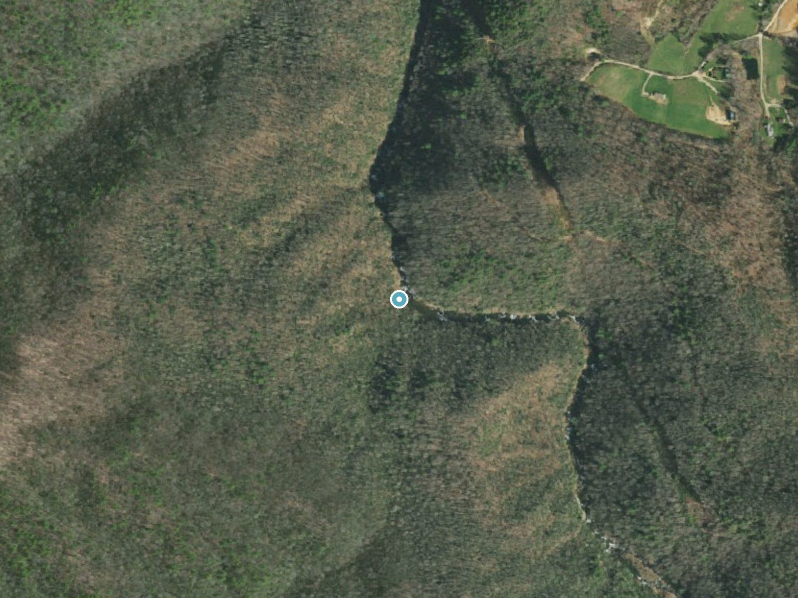 Aerial photo of the same ground around Twisting Falls near Elk Park, Tennessee, for comparison with the lidar view