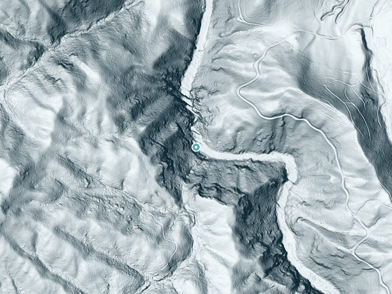 LiDAR bare-earth terrain around Twisting Falls near Elk Park, Tennessee, showing about 203 feet of drop, a steep tiered drop, facing northeast