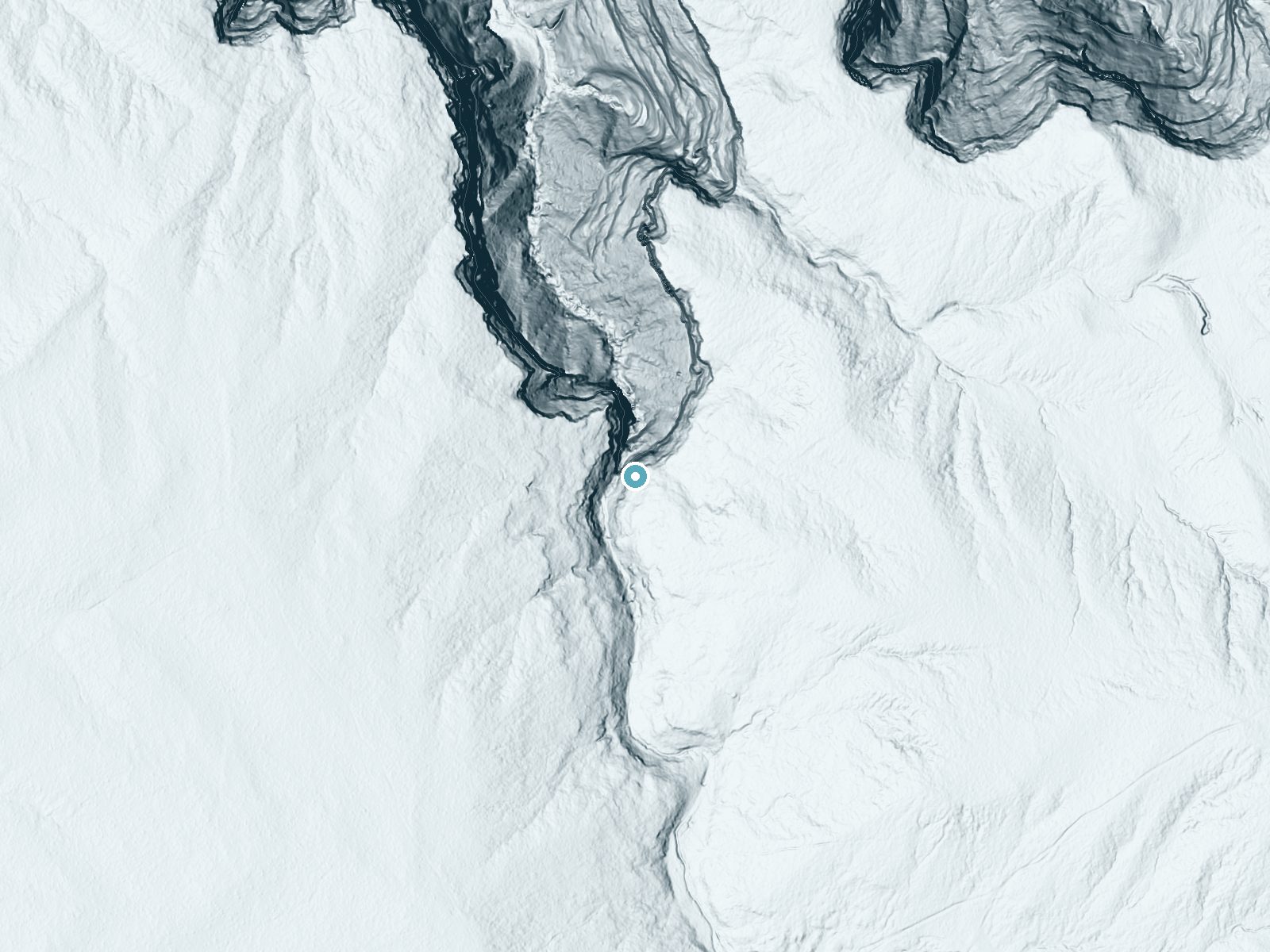LiDAR bare-earth terrain around Big Flow near Del Muerto, Arizona, showing about 284 feet of drop, a single sheer drop, facing north