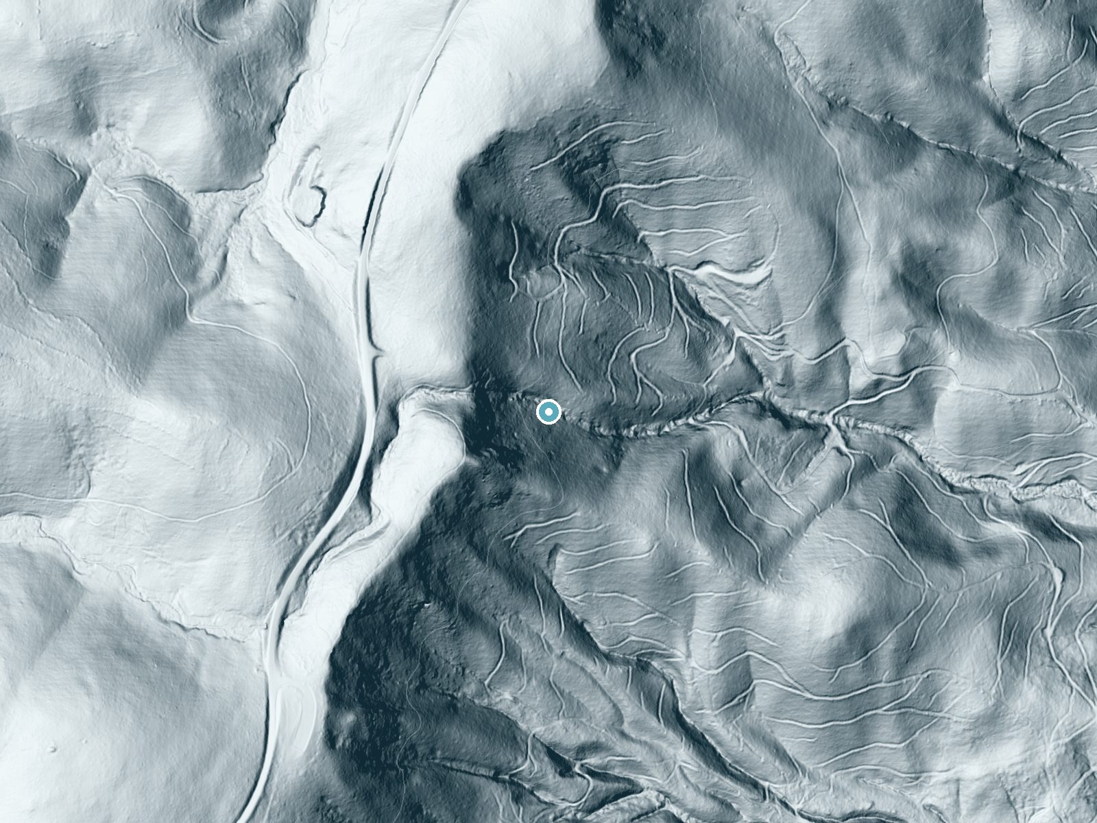 LiDAR bare-earth terrain around Cascade Falls near West Jefferson, North Carolina, showing about 266 feet of drop, a steep tiered drop, facing east