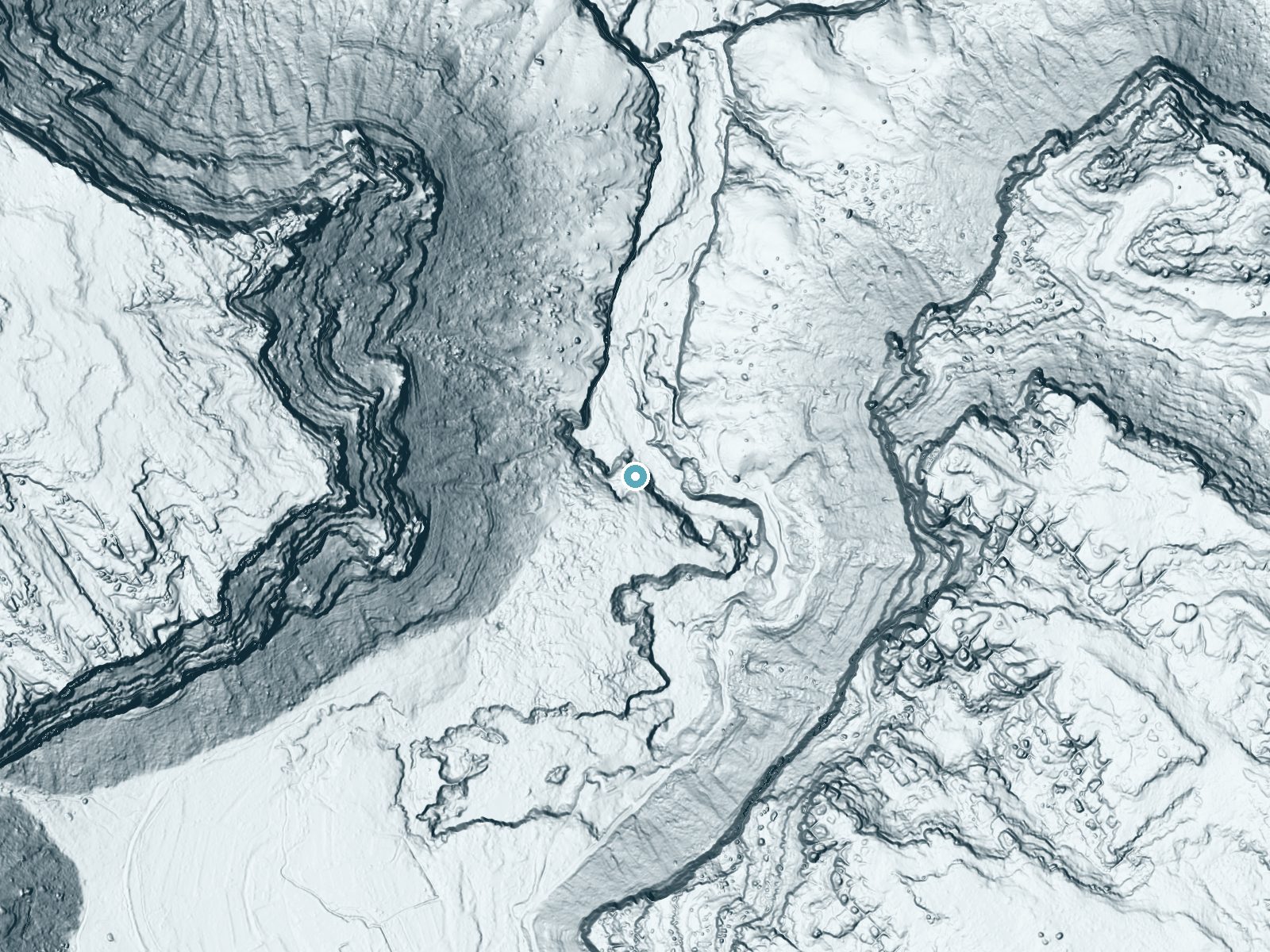 LiDAR bare-earth terrain around Navajo Falls near Kaibab, Arizona, showing about 130 feet of drop, a steep tiered drop, facing north