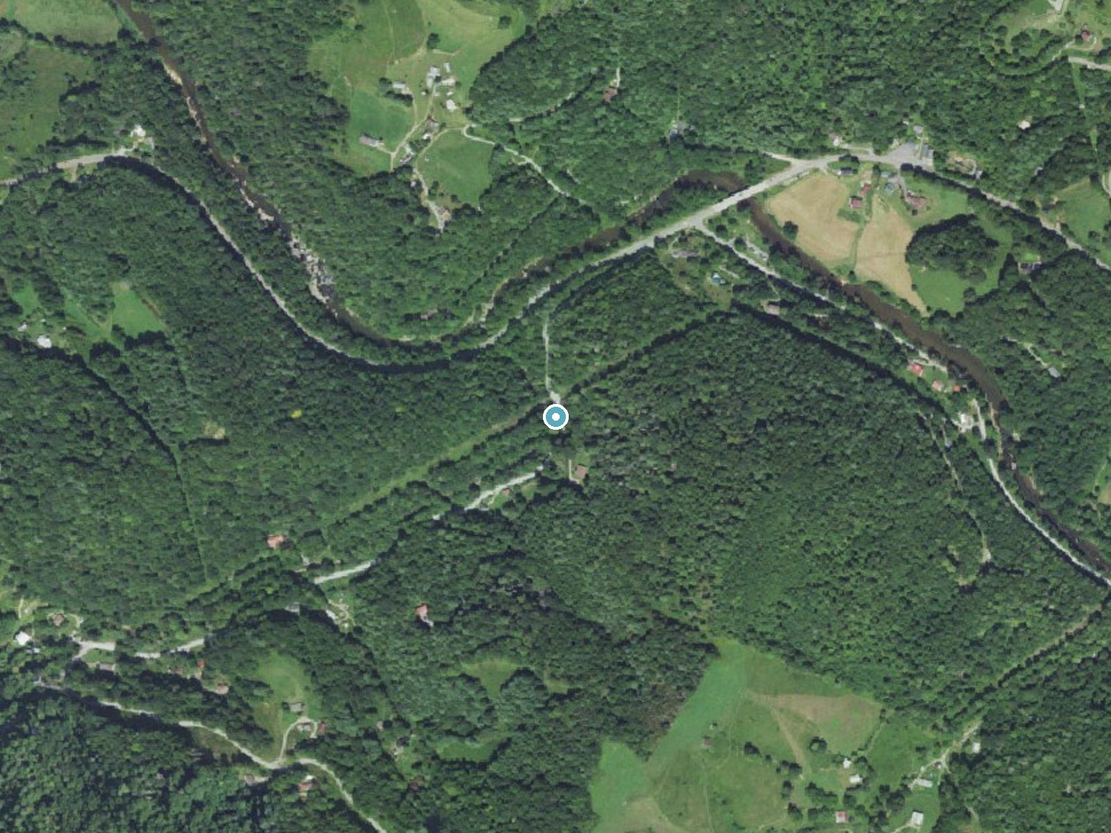 Aerial photo of the same ground around Laurel Creek Falls near Beech Mountain, North Carolina, for comparison with the lidar view
