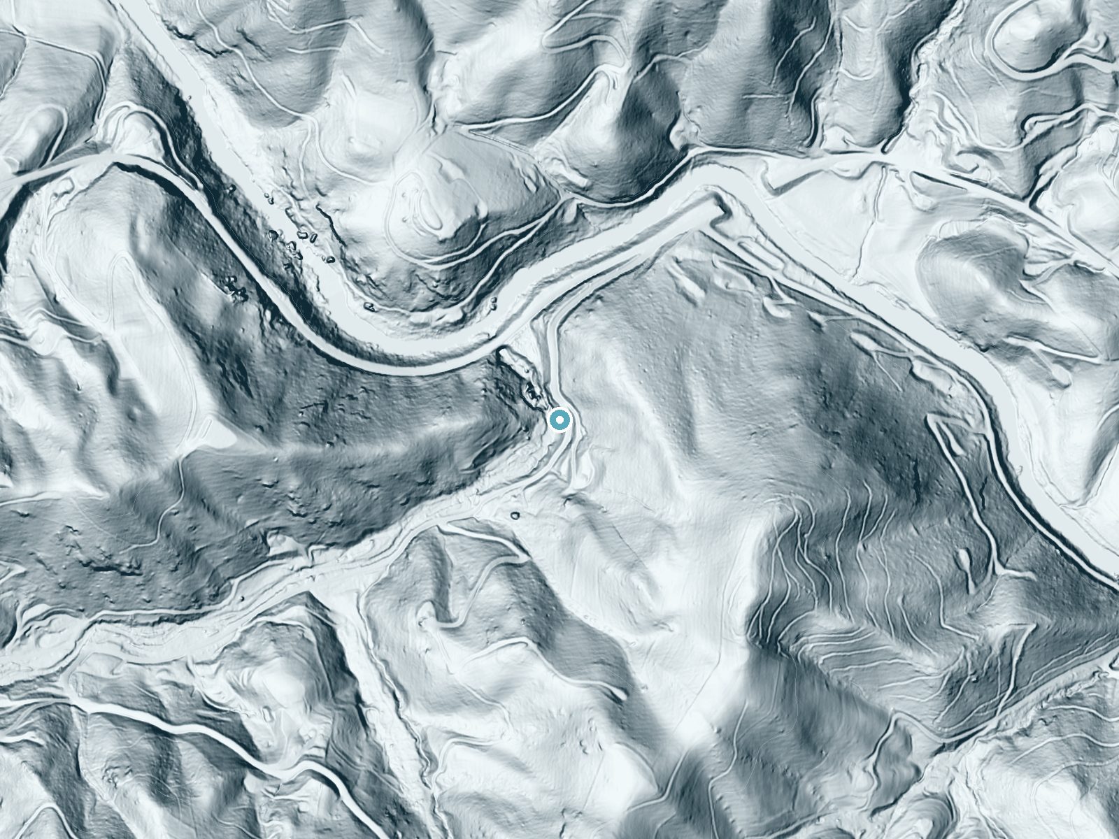 LiDAR bare-earth terrain around Laurel Creek Falls near Beech Mountain, North Carolina, showing about 173 feet of drop, a steep tiered drop, facing west
