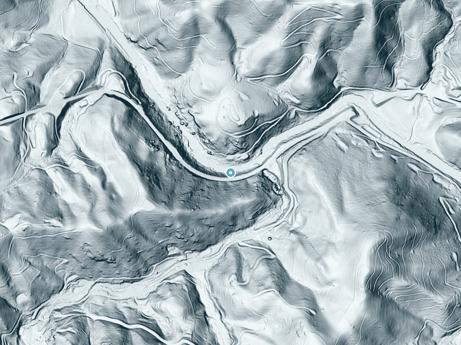 LiDAR bare-earth terrain around Watauga Falls near Beech Mountain, North Carolina, showing about 142 feet of drop, a steep tiered drop, facing north