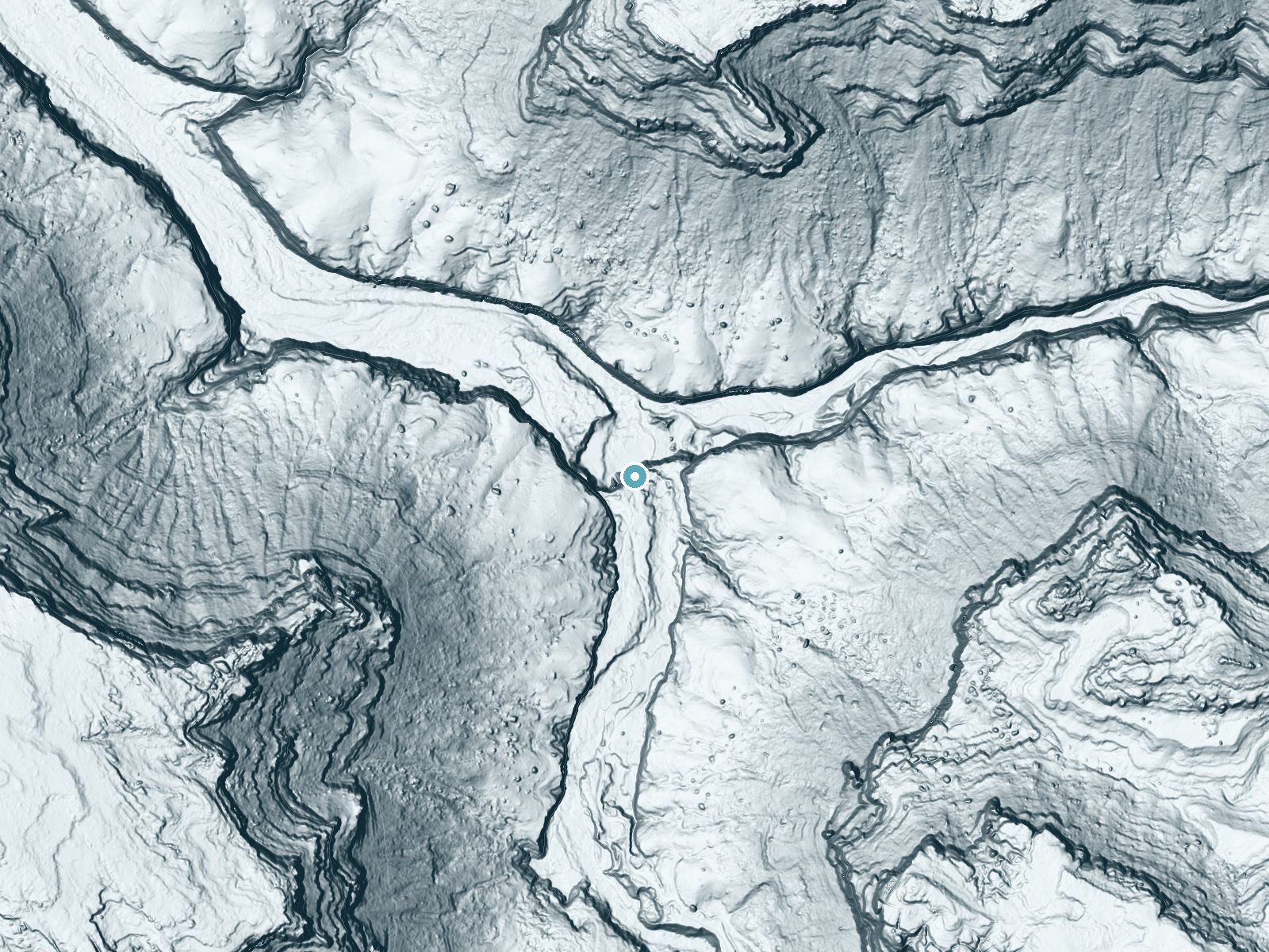 LiDAR bare-earth terrain around Havasu Falls near Kaibab, Arizona, showing about 275 feet of drop, a single sheer drop, facing north