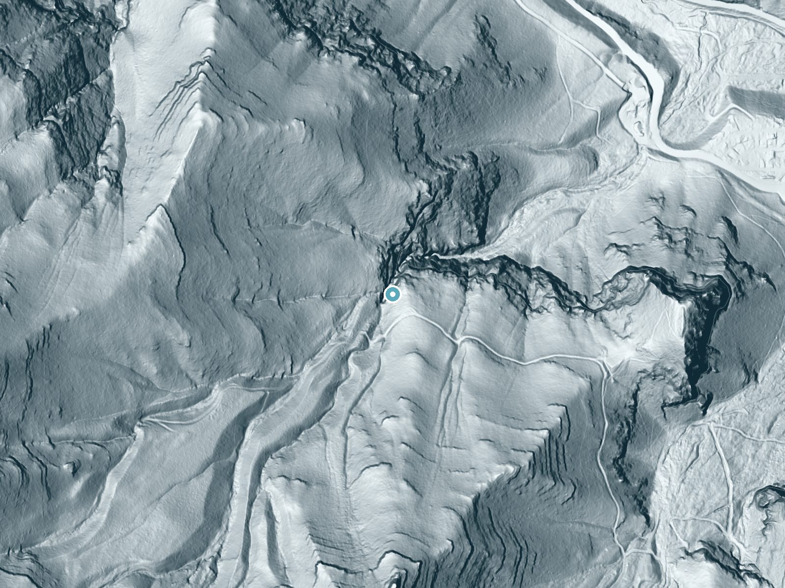 LiDAR bare-earth terrain around Little Falls near Mount Charleston, Nevada, showing about 338 feet of drop, a steep tiered drop, facing north