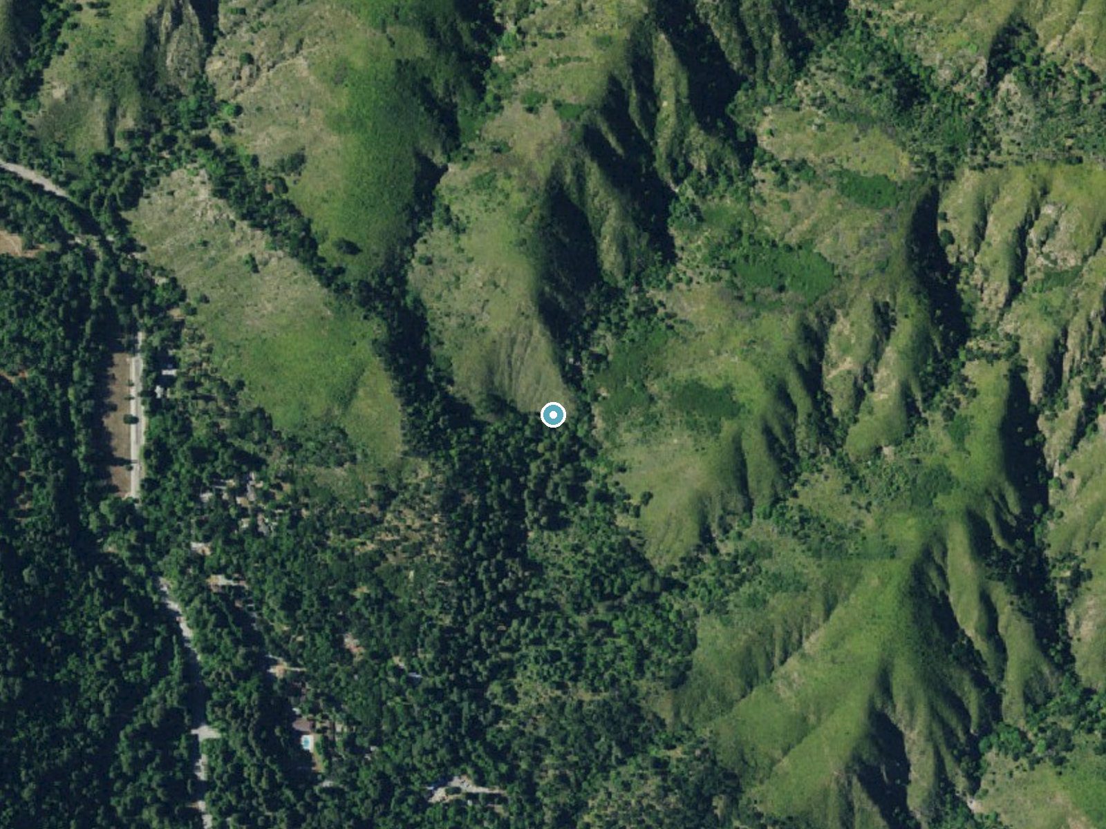 Aerial photo of the same ground around Pfeiffer Falls near Carmel Valley Village, California, for comparison with the lidar view