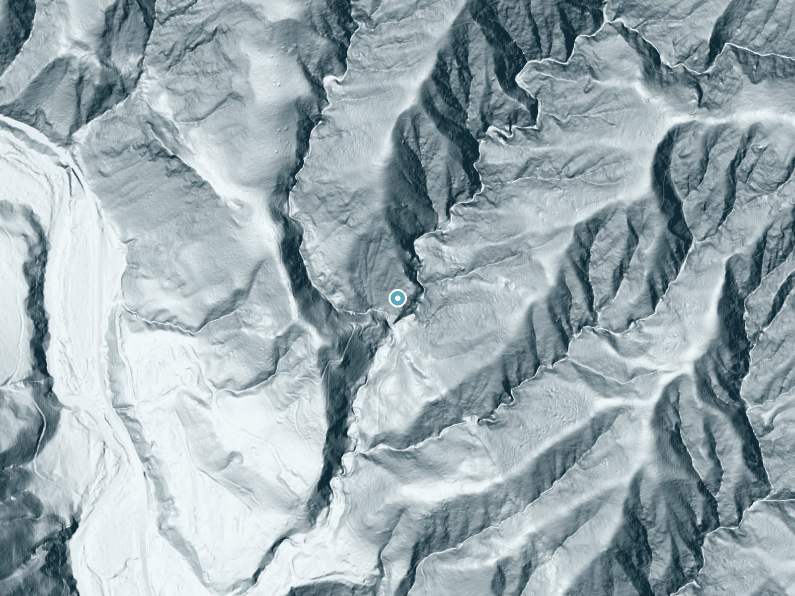 LiDAR bare-earth terrain around Pfeiffer Falls near Carmel Valley Village, California, showing about 307 feet of drop, a steep tiered drop, facing southwest