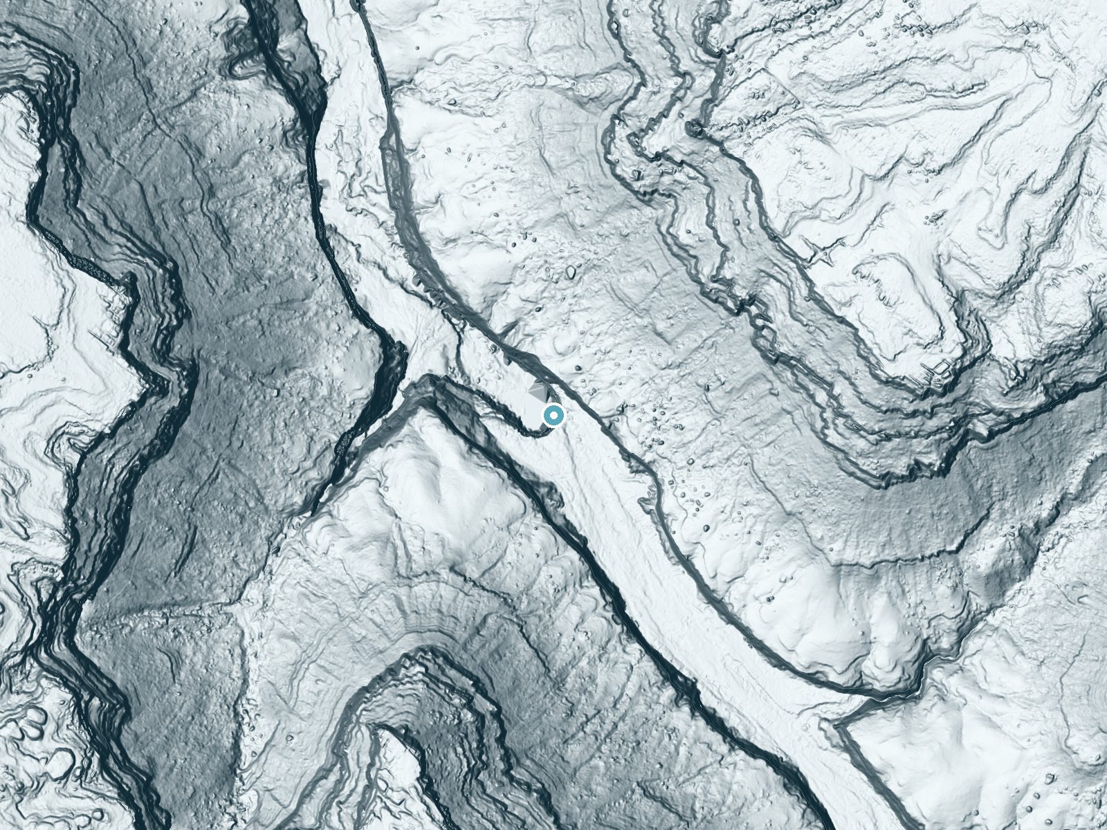 LiDAR bare-earth terrain around Mooney Falls near Kaibab, Arizona, showing about 545 feet of drop, a single sheer drop, facing west