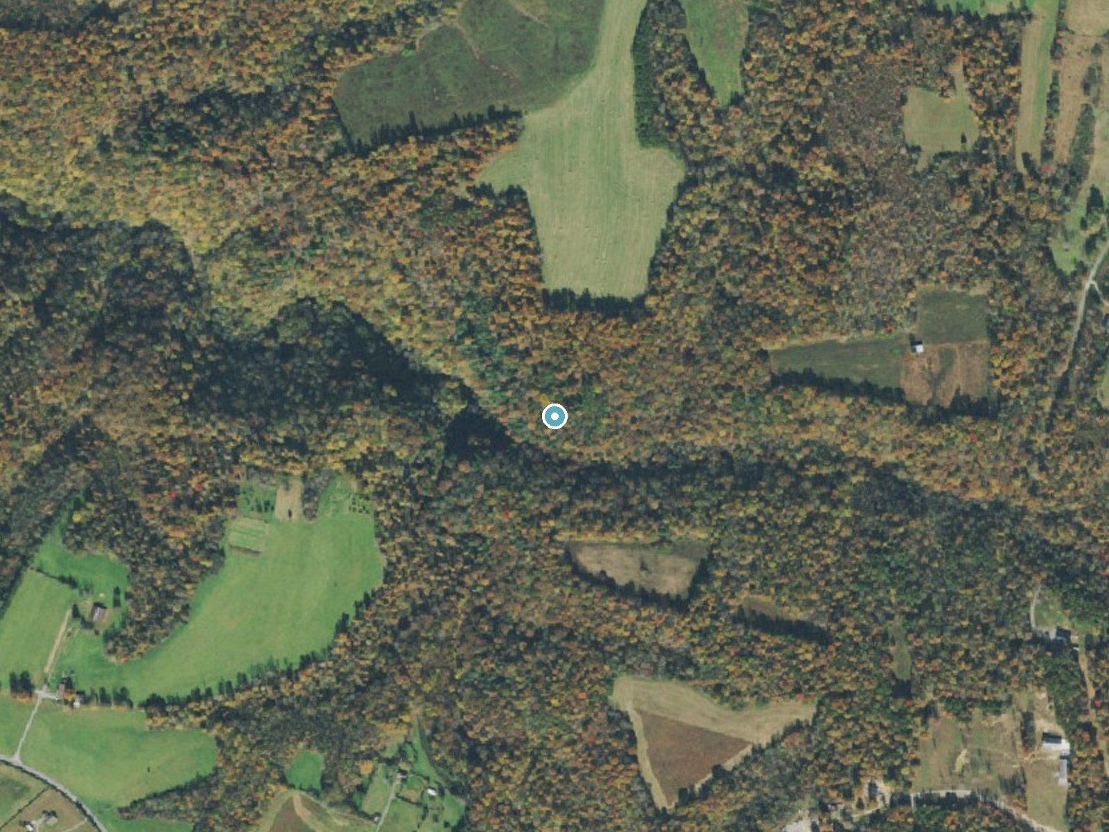 Aerial photo of the same ground around Dry Creek Falls near Dodson Branch, Tennessee, for comparison with the lidar view