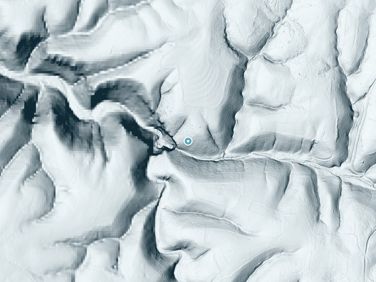 LiDAR bare-earth terrain around Dry Creek Falls near Dodson Branch, Tennessee, showing about 229 feet of drop, a steep tiered drop, facing southwest