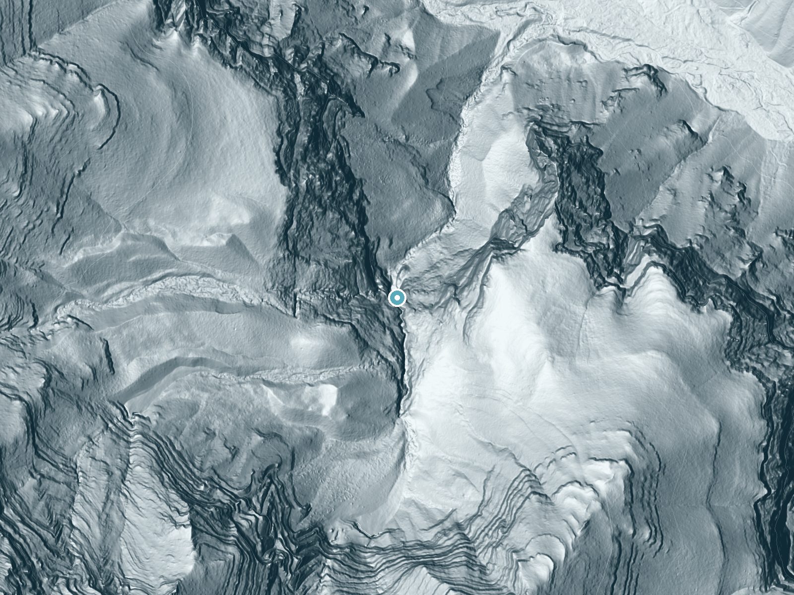 LiDAR bare-earth terrain around Big Falls near Mount Charleston, Nevada, showing about 458 feet of drop, a single sheer drop, facing north