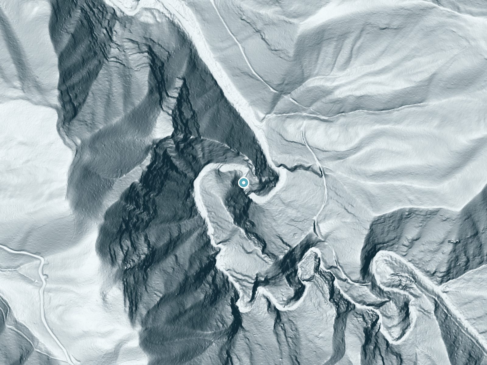 LiDAR bare-earth terrain around Laurel Falls near Hampton, Tennessee, showing about 228 feet of drop, a steep tiered drop, facing east