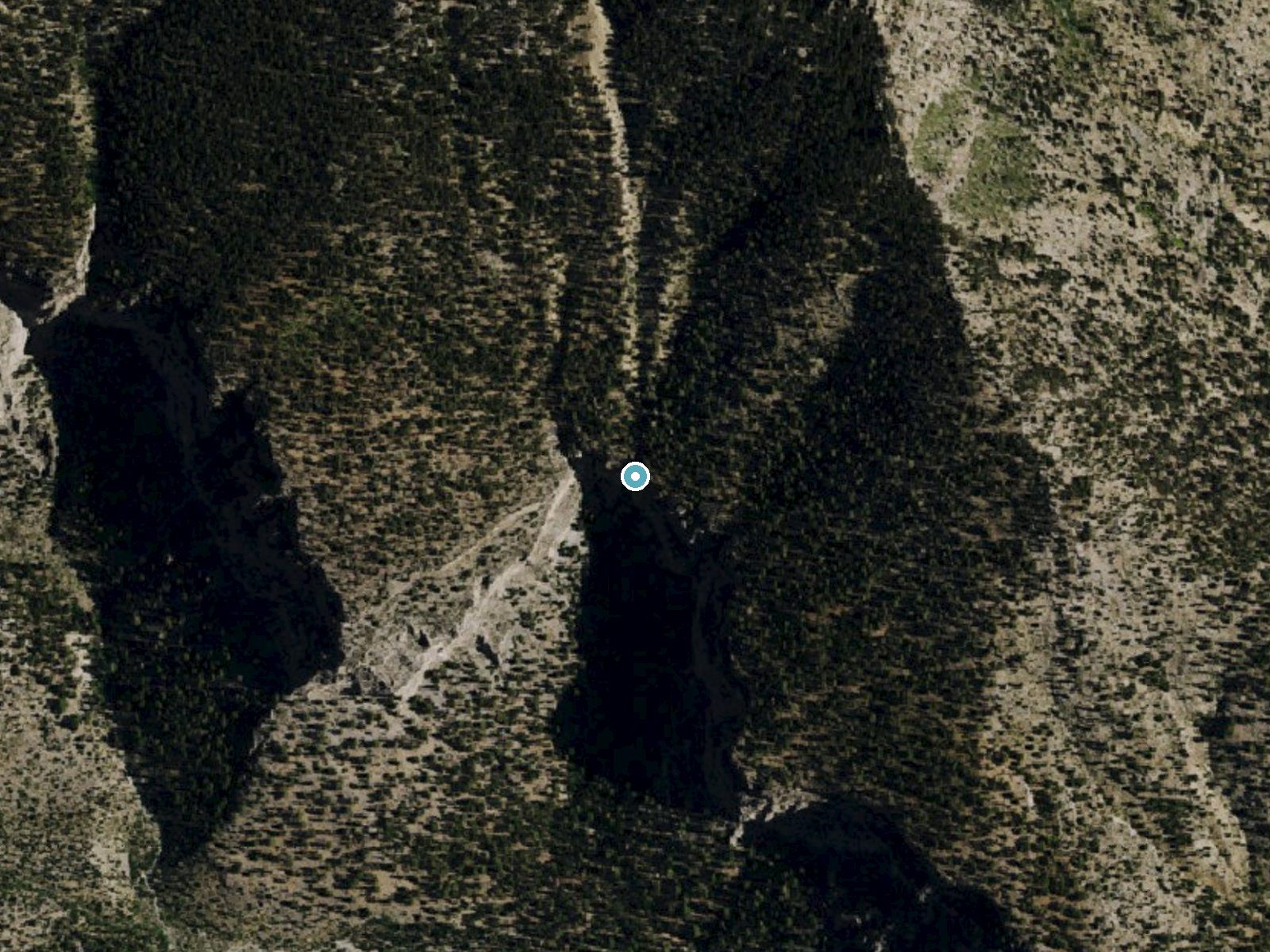 Aerial photo of the same ground around Mary Jane Falls near Mount Charleston, Nevada, for comparison with the lidar view