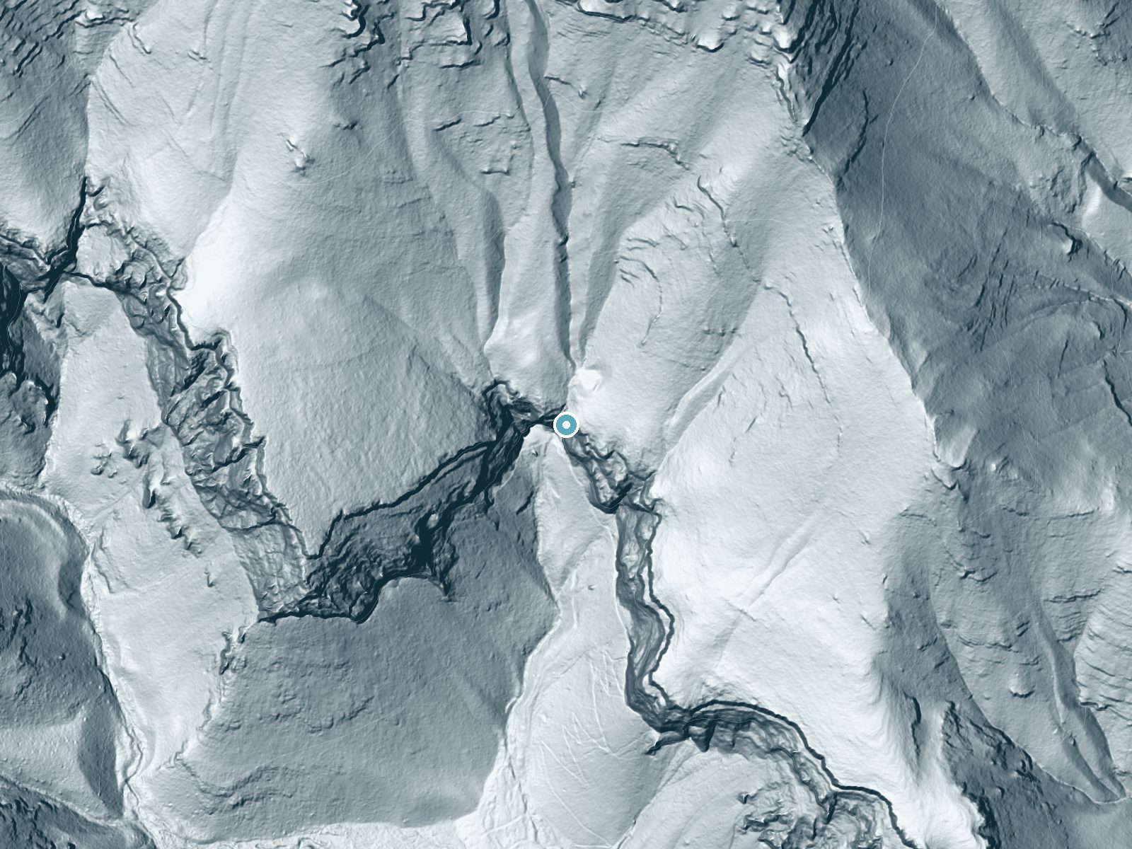 LiDAR bare-earth terrain around Mary Jane Falls near Mount Charleston, Nevada, showing about 541 feet of drop, a single sheer drop, facing southwest