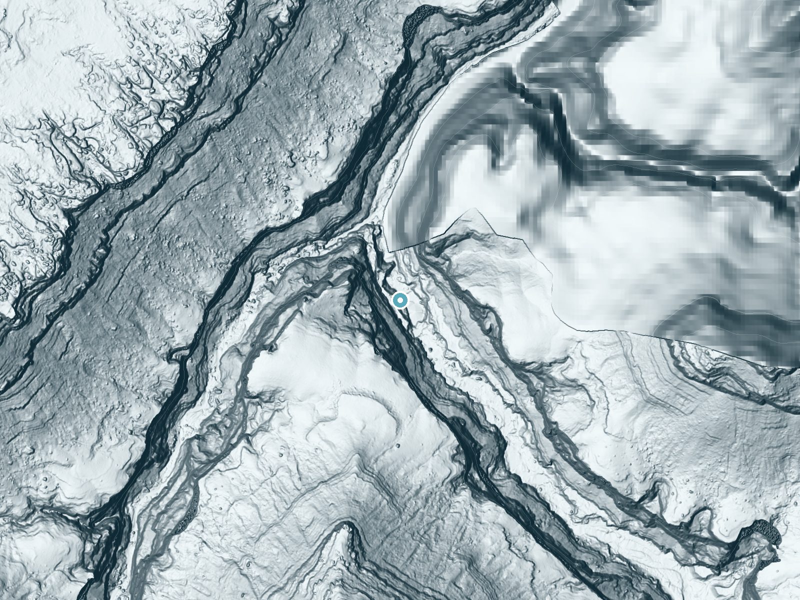 LiDAR bare-earth terrain around Beaver Falls near Kaibab, Arizona, showing about 599 feet of drop, a single sheer drop, facing northeast