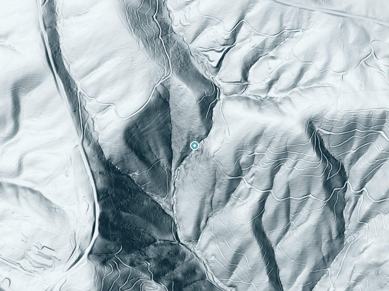 LiDAR bare-earth terrain around Betseys Rock Falls near West Jefferson, North Carolina, showing about 305 feet of drop, a steep tiered drop, facing southwest