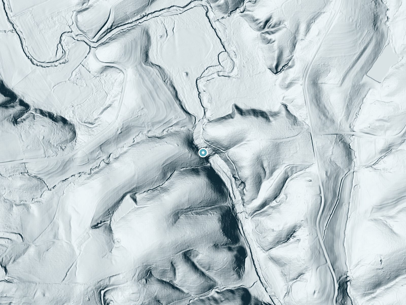 LiDAR bare-earth terrain around Carter Falls near Pleasant Hill, North Carolina, showing about 108 feet of drop, a long cascade, facing southeast
