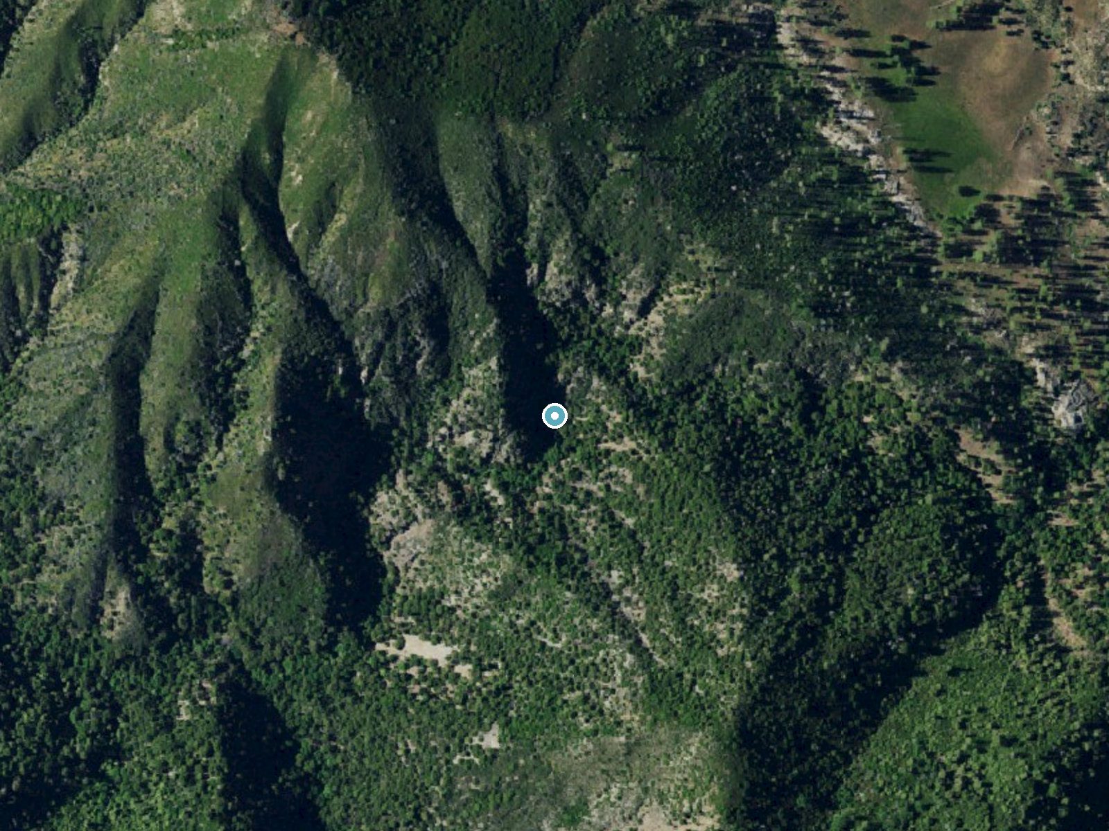 Aerial photo of the same ground around Pine Falls near Carmel Valley Village, California, for comparison with the lidar view