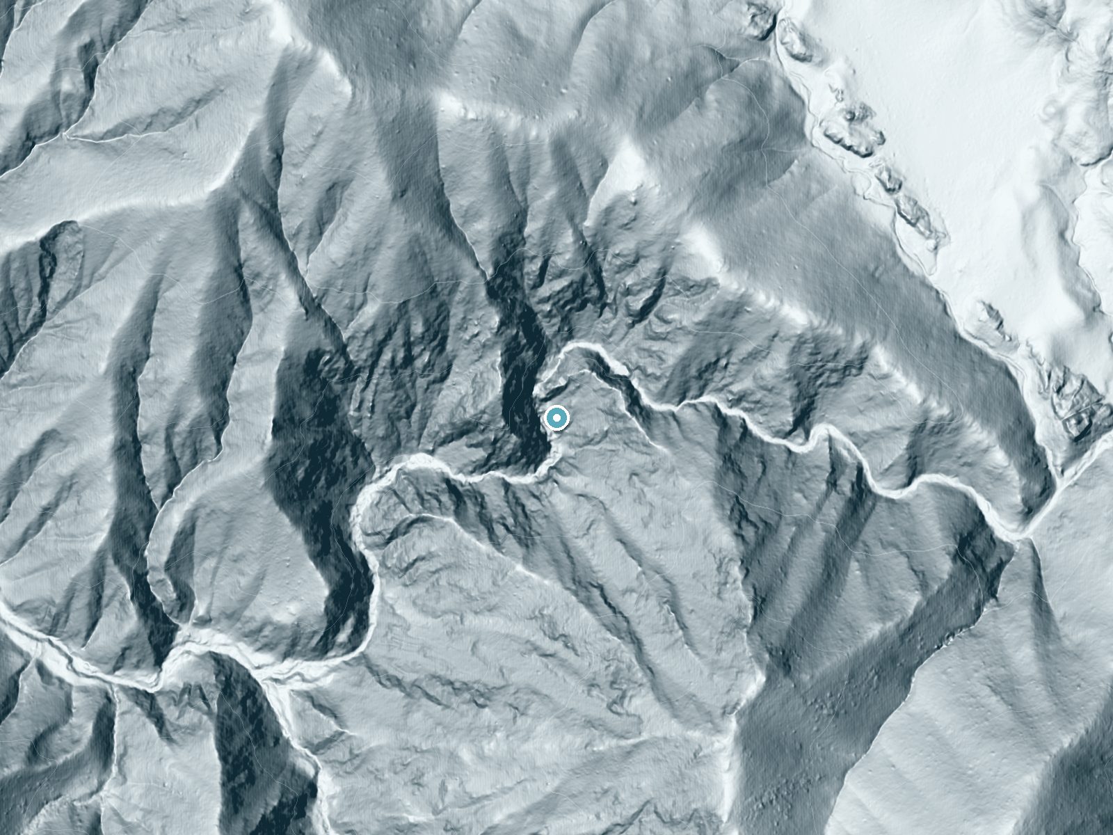 LiDAR bare-earth terrain around Pine Falls near Carmel Valley Village, California, showing about 306 feet of drop, a steep tiered drop, facing south