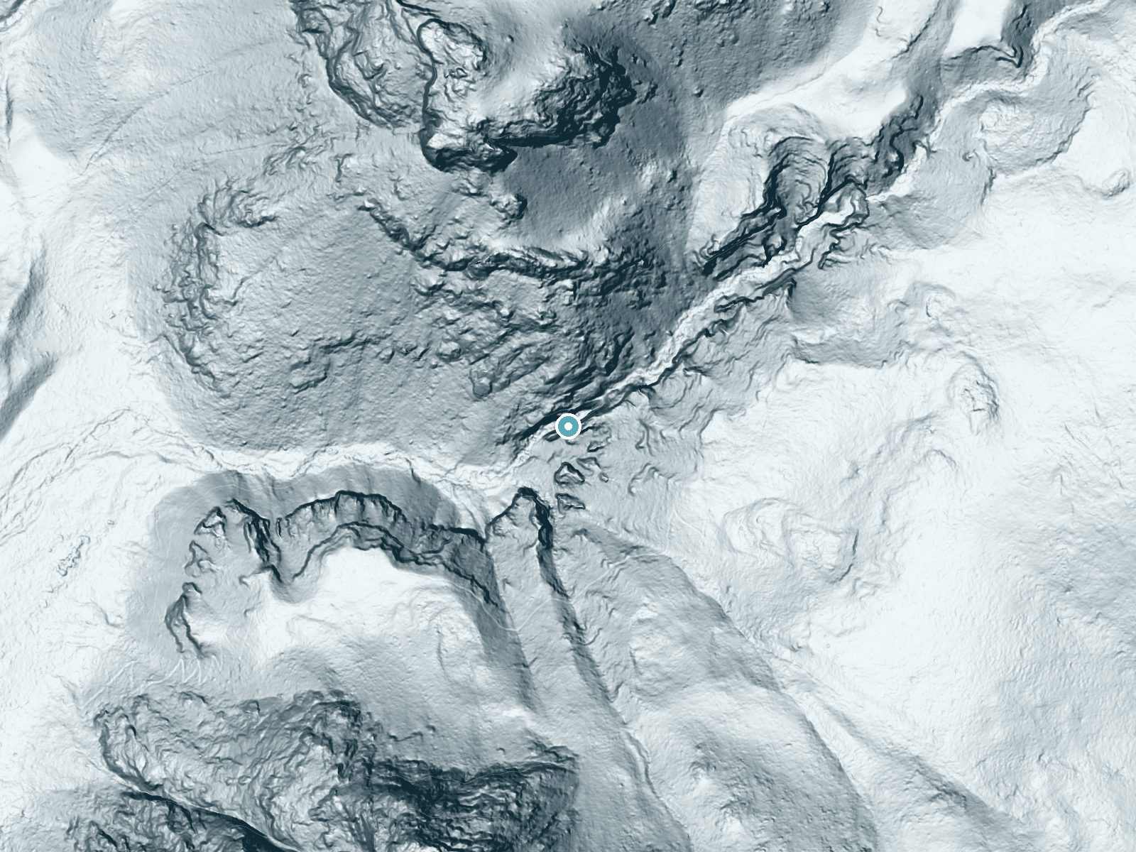 LiDAR bare-earth terrain around Volcano Falls near Cartago, California, showing about 336 feet of drop, a steep tiered drop, facing southwest