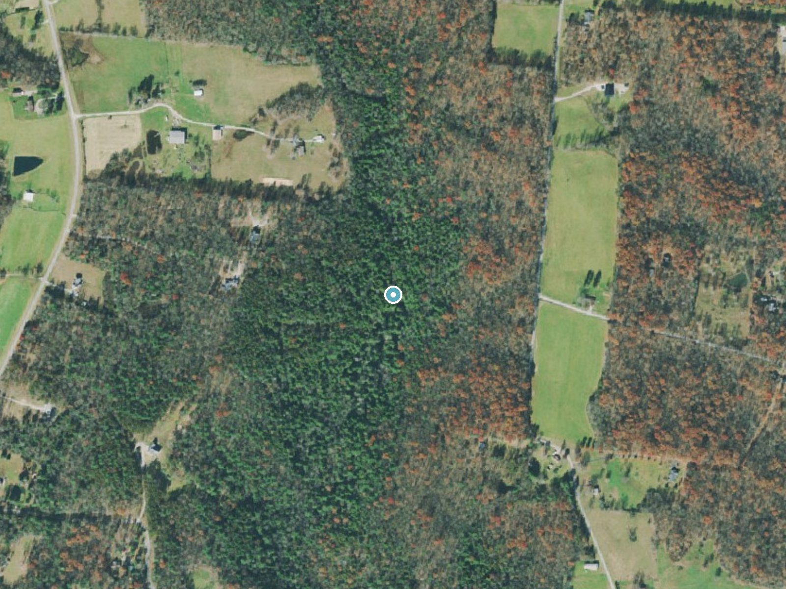 Aerial photo of the same ground around Northrup Falls near Allardt, Tennessee, for comparison with the lidar view