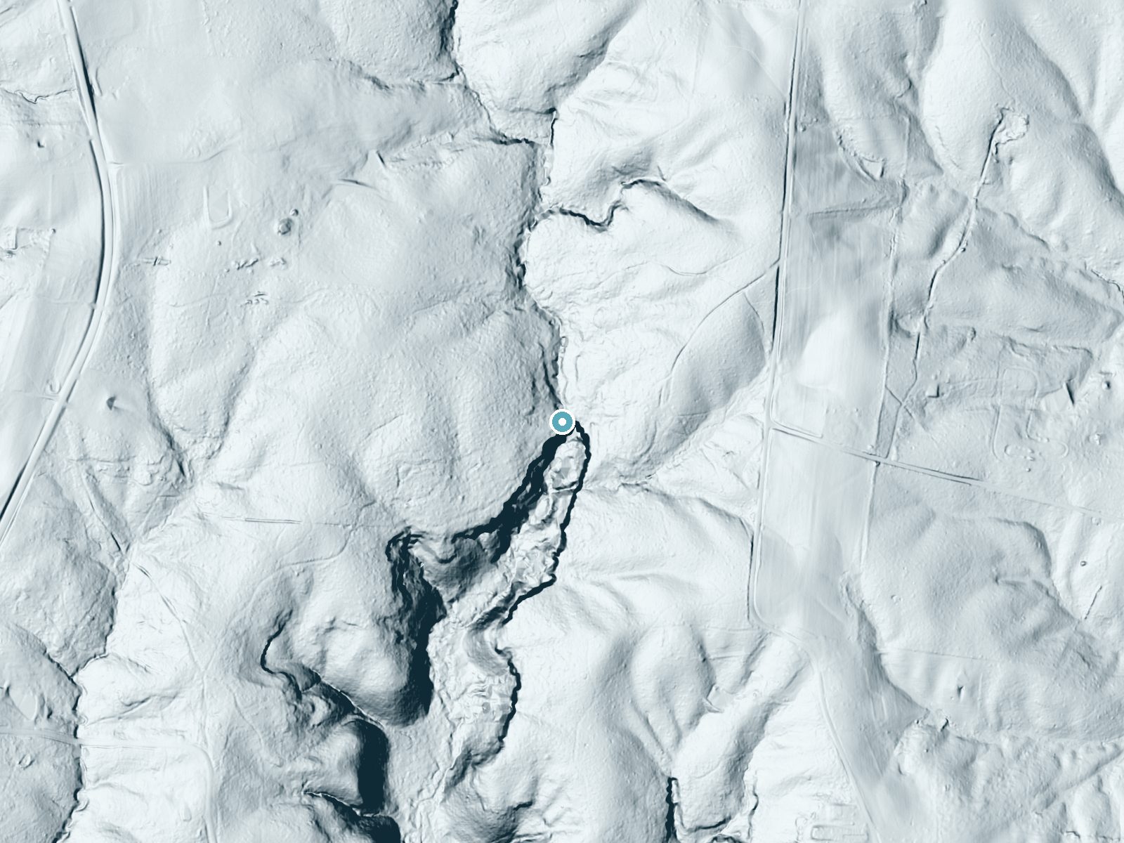 LiDAR bare-earth terrain around Northrup Falls near Allardt, Tennessee, showing about 98 feet of drop, a steep tiered drop, facing south