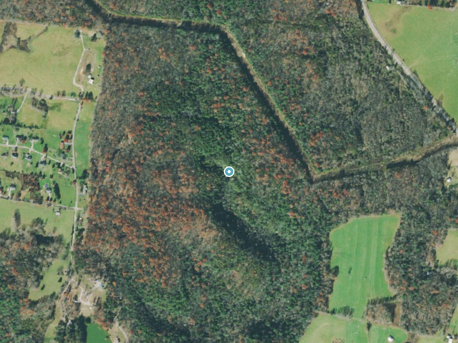 Aerial photo of the same ground around Magendanz Falls near Allardt, Tennessee, for comparison with the lidar view