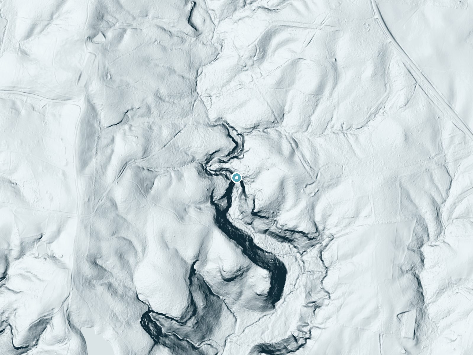 LiDAR bare-earth terrain around Magendanz Falls near Allardt, Tennessee, showing about 138 feet of drop, a steep tiered drop, facing southwest