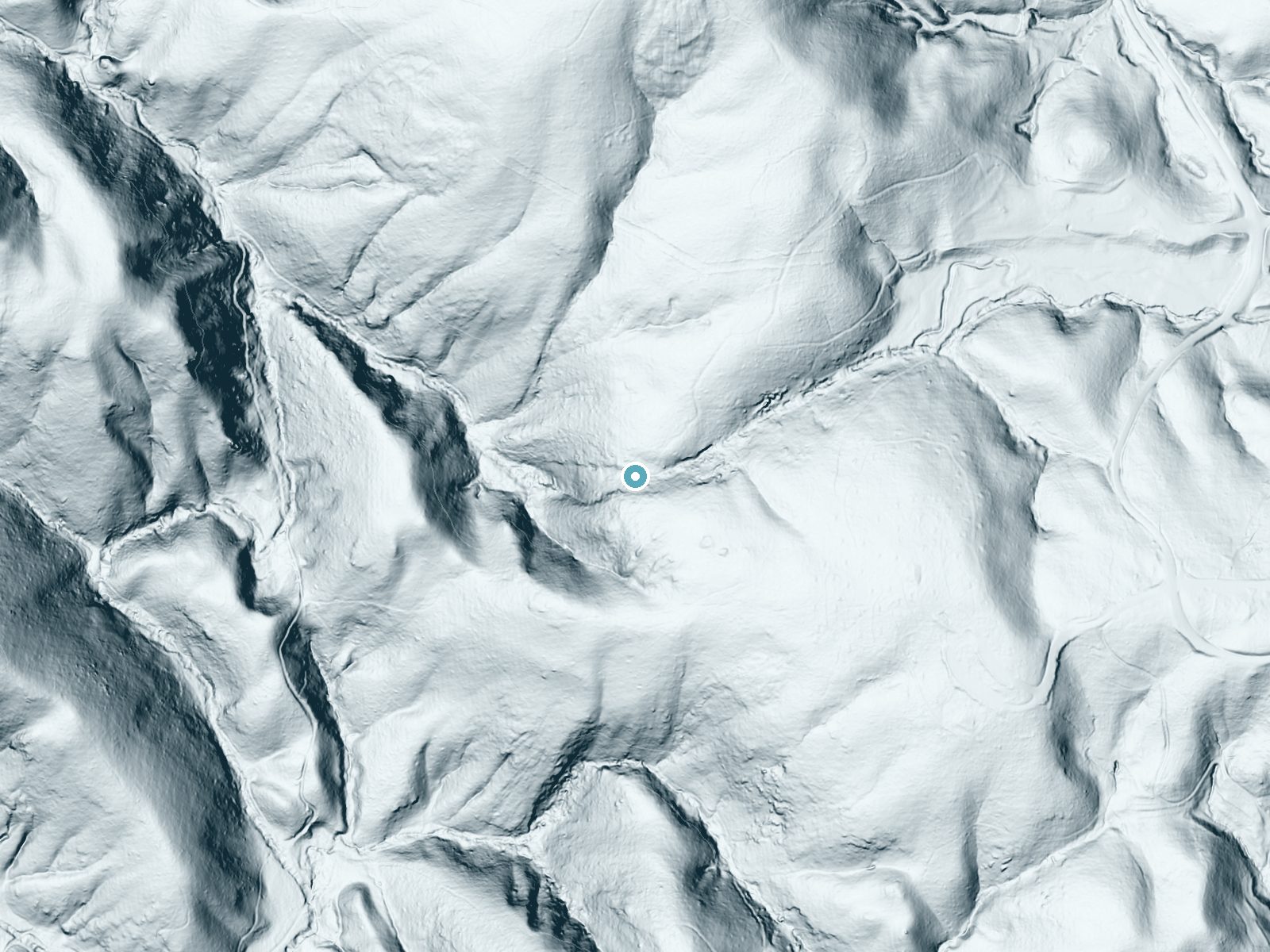 LiDAR bare-earth terrain around Little Falls near Sparta, North Carolina, showing about 172 feet of drop, a long cascade, facing west