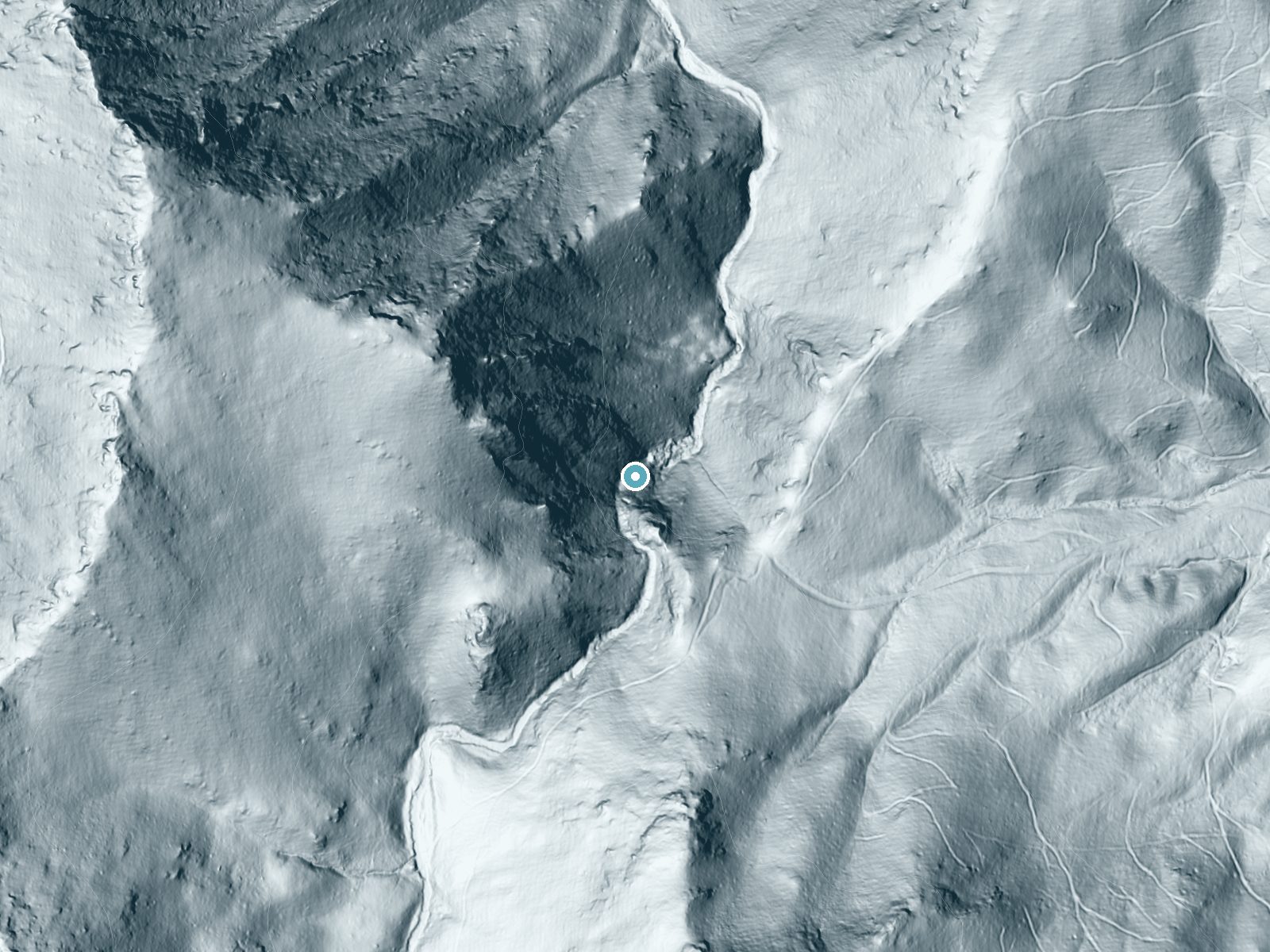 LiDAR bare-earth terrain around Long Hope Falls near West Jefferson, North Carolina, showing about 295 feet of drop, a steep tiered drop, facing northeast