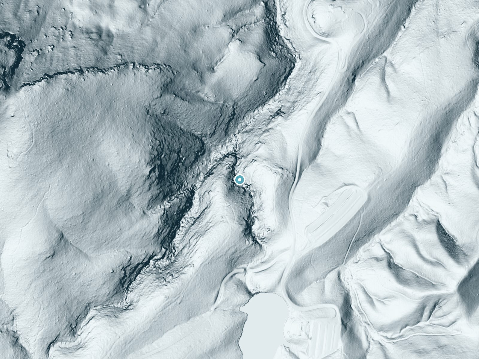 LiDAR bare-earth terrain around Upper Cascade Falls near Danbury, North Carolina, showing about 161 feet of drop, a steep tiered drop, facing north