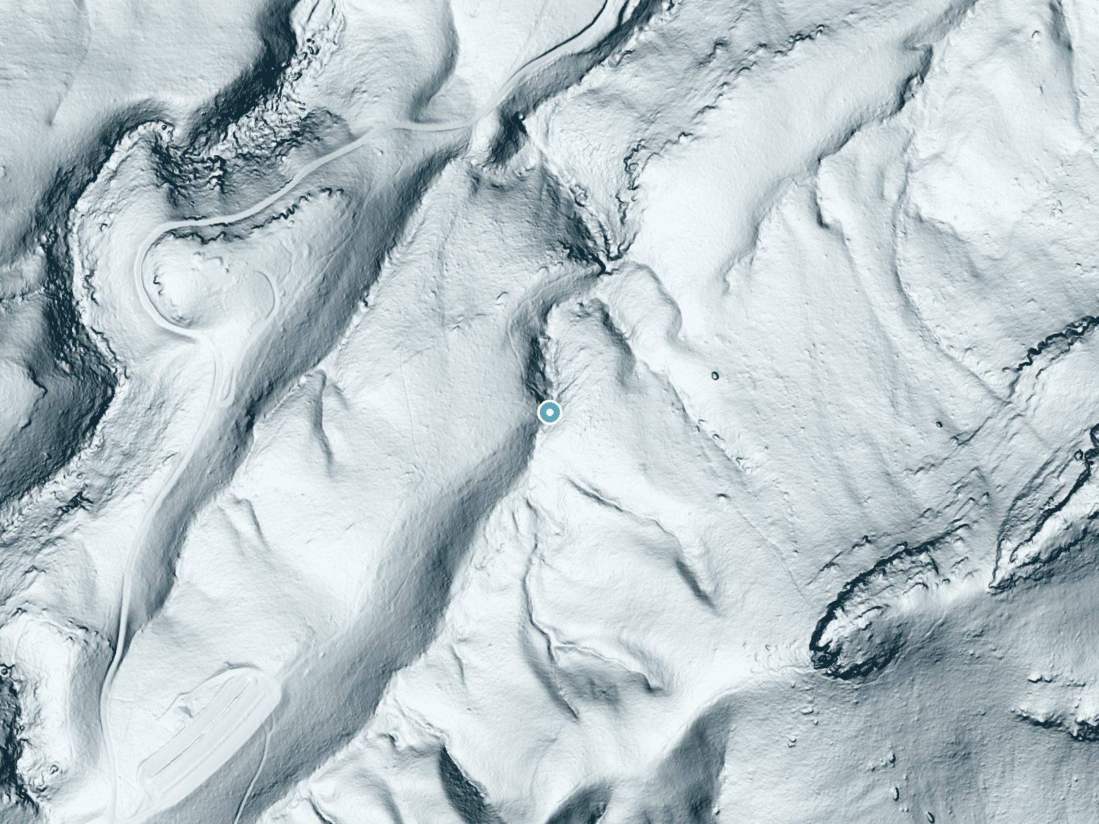 LiDAR bare-earth terrain around Hidden Falls near Danbury, North Carolina, showing about 121 feet of drop, a long cascade, facing north