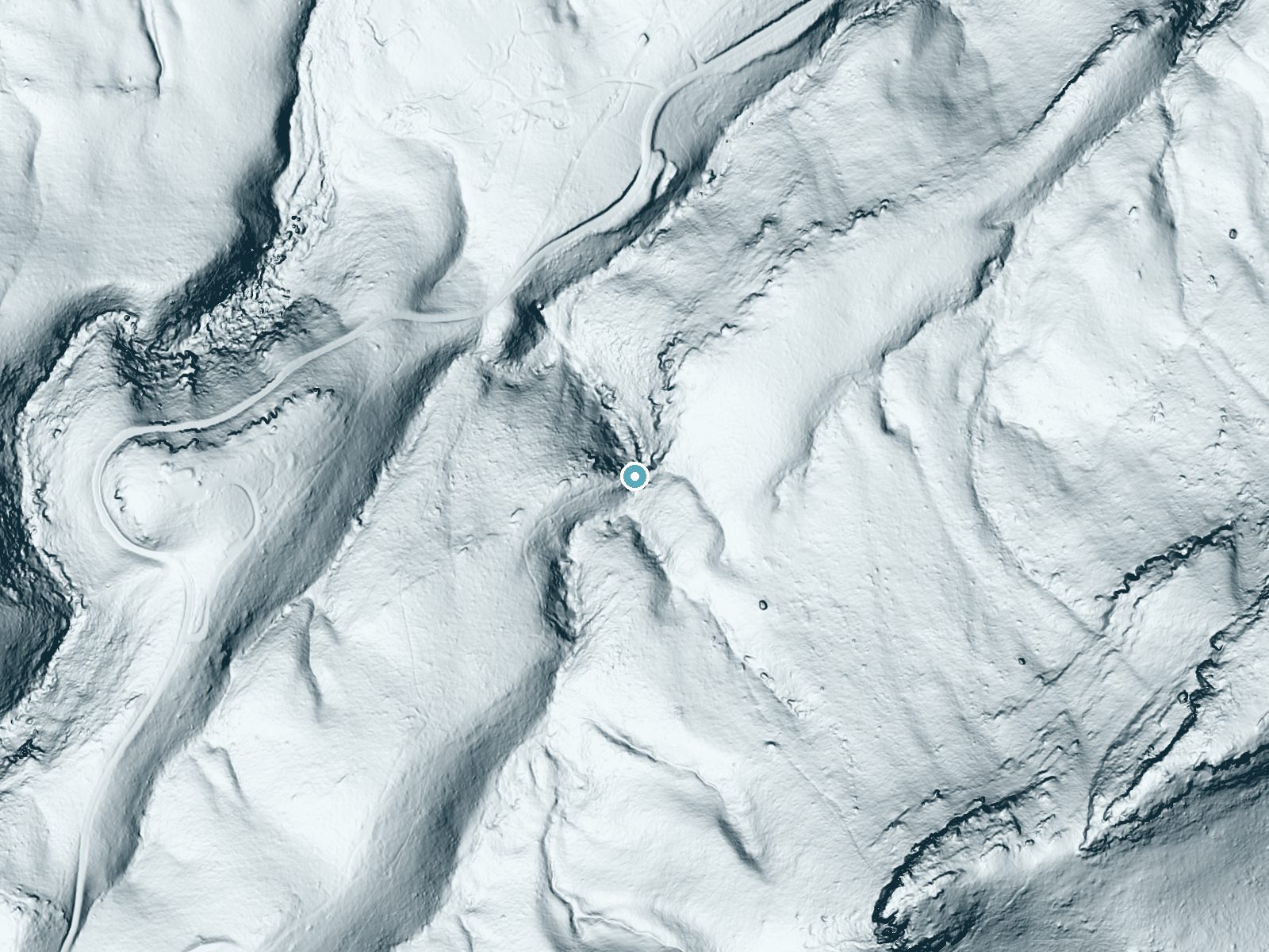 LiDAR bare-earth terrain around Window Falls near Danbury, North Carolina, showing about 173 feet of drop, a long cascade, facing north