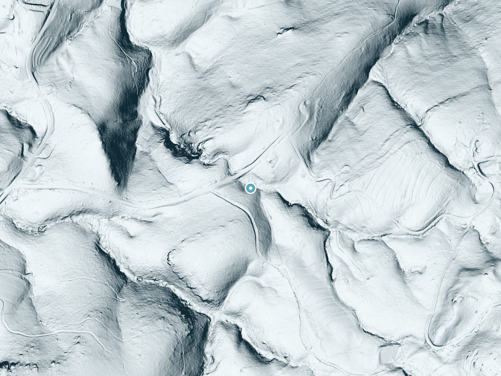 LiDAR bare-earth terrain around Tory Falls near Danbury, North Carolina, showing about 71 feet of drop, a long cascade, facing north