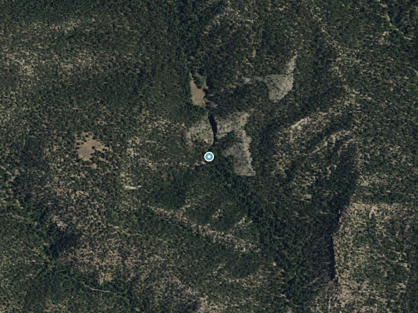 Aerial photo of the same ground around Petrero Waterfall near El Rito, New Mexico, for comparison with the lidar view