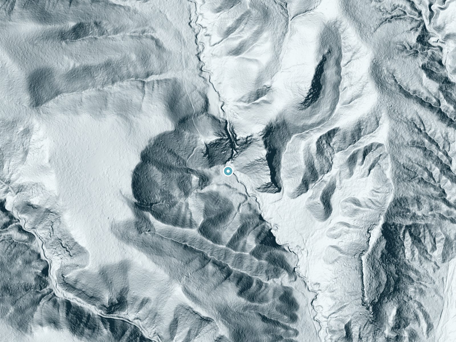 LiDAR bare-earth terrain around Petrero Waterfall near El Rito, New Mexico, showing about 115 feet of drop, a steep tiered drop, facing south