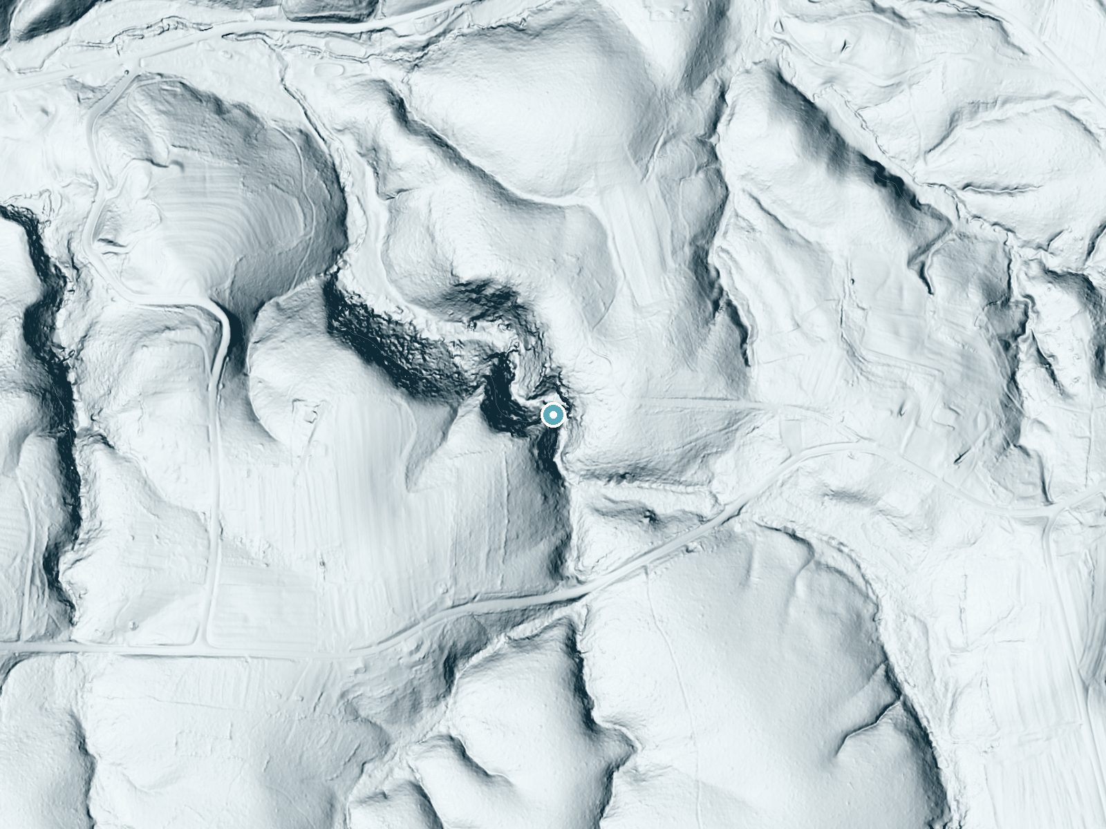 LiDAR bare-earth terrain around Lower Cascade Falls near Danbury, North Carolina, showing about 167 feet of drop, a steep tiered drop, facing northwest