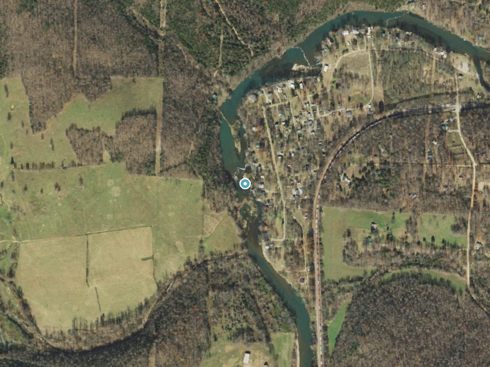 Aerial photo of the same ground around Saddler Falls near Mammoth Spring, Arkansas, for comparison with the lidar view